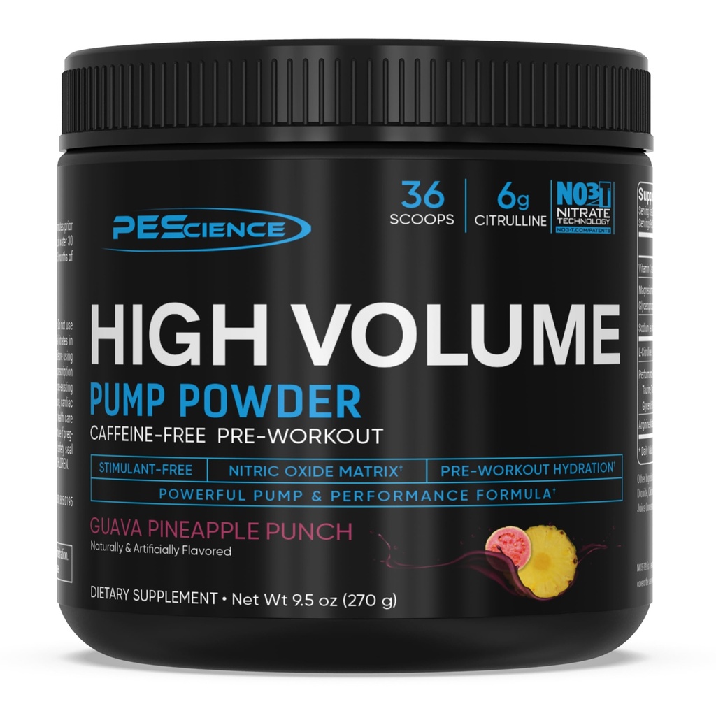 PEScience High Volume Stim-Free Pre Workout Pump Powder, Nitric Oxide Booster met L Citrulline & L Arginine Nitraat, Non-Stim Preworkout voor mannen en vrouwen, 36 Scops, Guava Ananas Punch