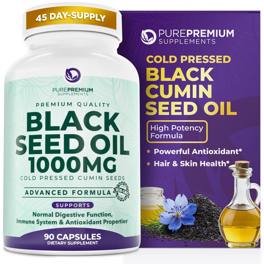 PurePremium Black Seed Oil 500mg - Biologische Nigella Sativa Seeds, Cold Pressed Black Cumin Oil Extract - Hair/Skin Supplement for Men / Vrouwen verpakking van 90 Capsules