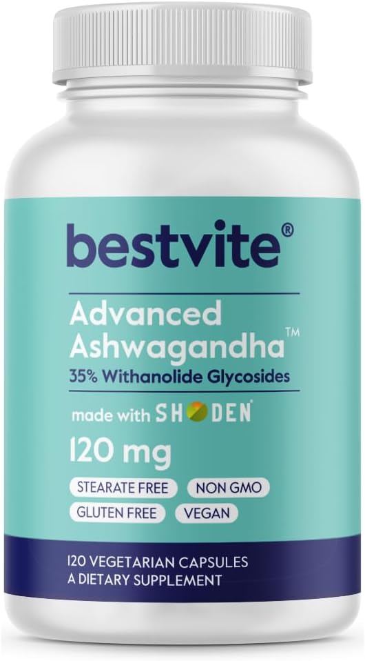 BESTVITE Advanced Ashwagandha 120mg w/Shoden (120 Vegetarische Capsules) - Klinisch bestudeerde bevattende industrie voor 35% Withanolide Glycosiden - No Stearates - Vegan - Non GMO - Glutenvrij