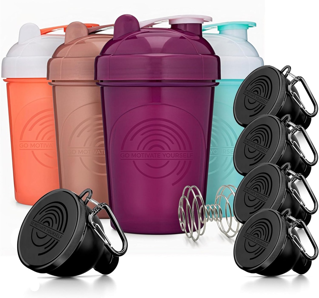 GOMOYO Fitness Bundle - Bouteilles de Shaker à 4 paquets avec agitateur + entonnoirs protéiniques à 5 paquets avec carabiner, sans BPA et lave-vaisselle en toute sécurité