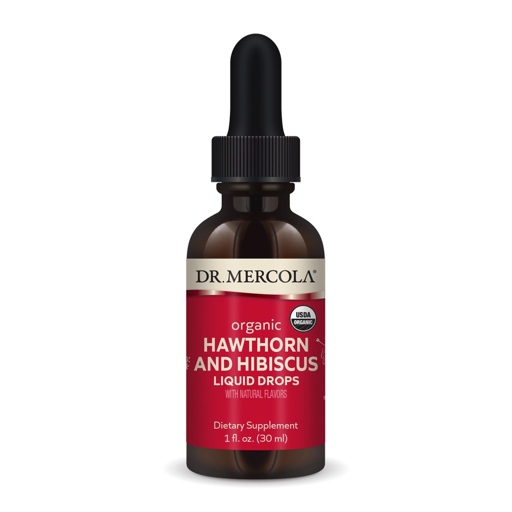 Dr. Mercola Biologische Hawthorn en Hibiscus Liquid Drops Dieetsupplementen, 30 porties (30 Droppers), Niet GGO, Glutenvrij, Sojavrij, USDA Biologisch