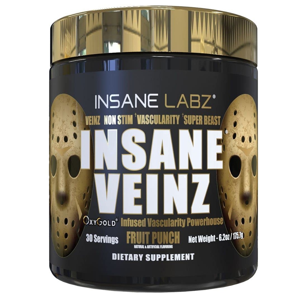 Insane Labz Insane Veinz Gold, Nitric Oxide Non Stimulant pre Workout Powder, geladen met Hydromax, Nitrosigine, verhoogt de bloedvatigheid en de bloedstroom, 30 Srvgs, Fruit Punch