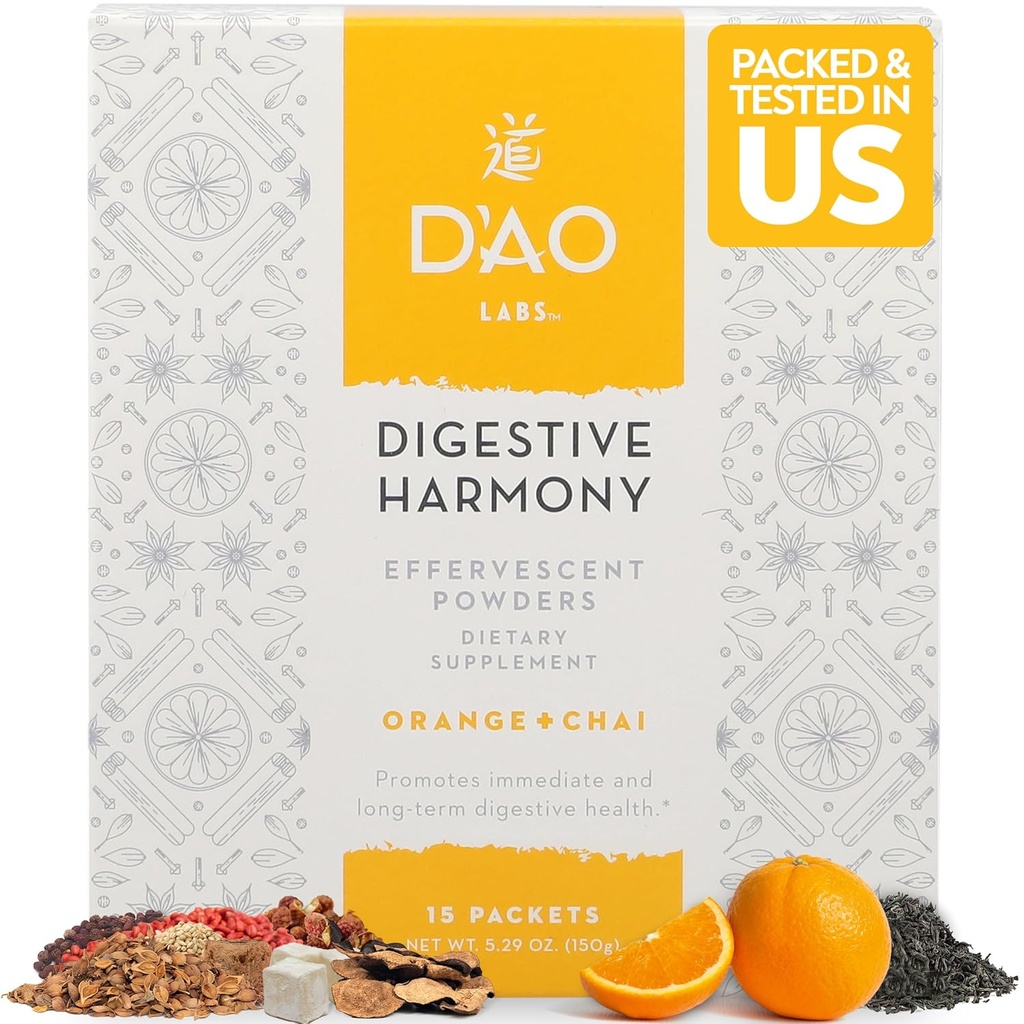 D'AO Labs Digestieve Harmonie - Biologische Digestieve Enzymen - Traditionele Chinese Kruiden & Chai Powder - Orange-Chai Flavor - Behoud Harmonie Decoction (Bao He Wan) - 15 Individuele porties