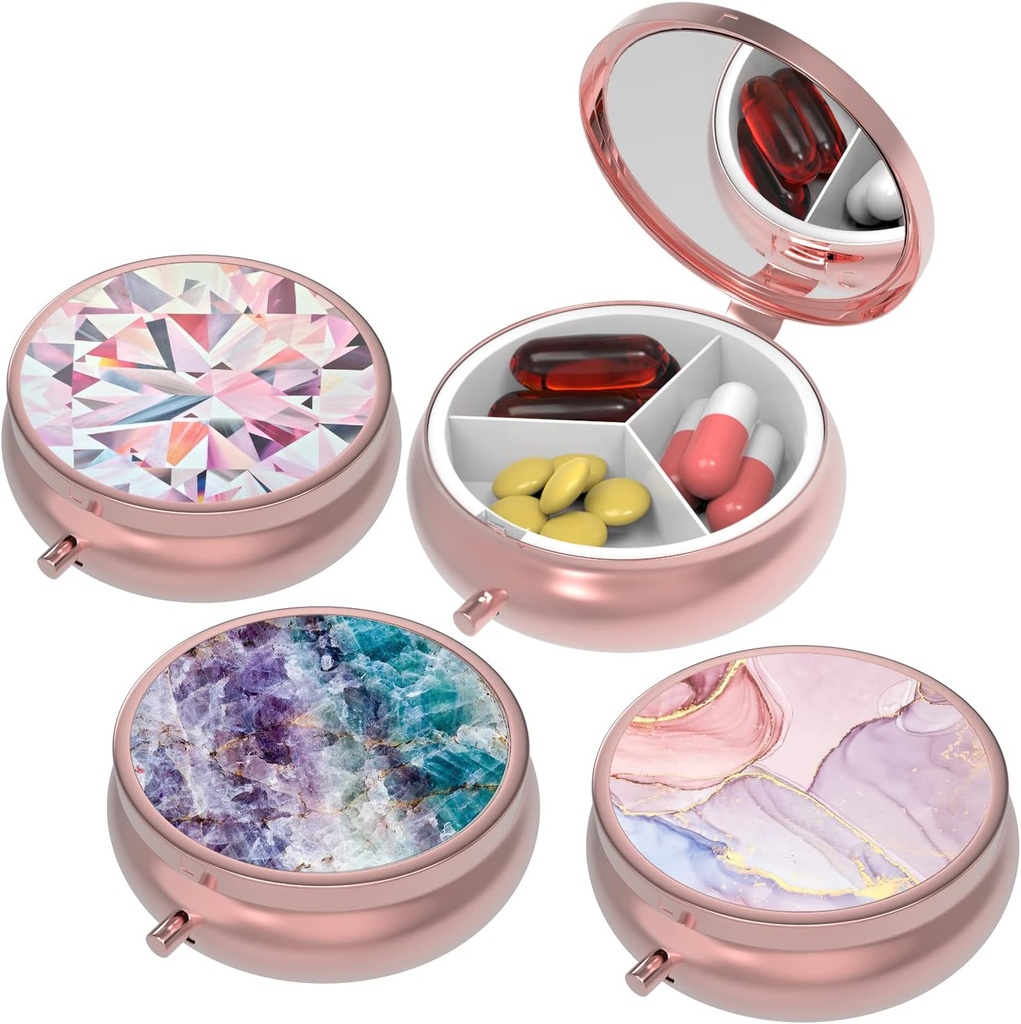 Kleine pil Box,Pill Case voor Purse&Pocket,3 Compartments Travel Pill Case Medication Organizer Opslag voor Vitaminen, Pillen, Visolie en oorbellen, Studs,Rose Gold-3Round