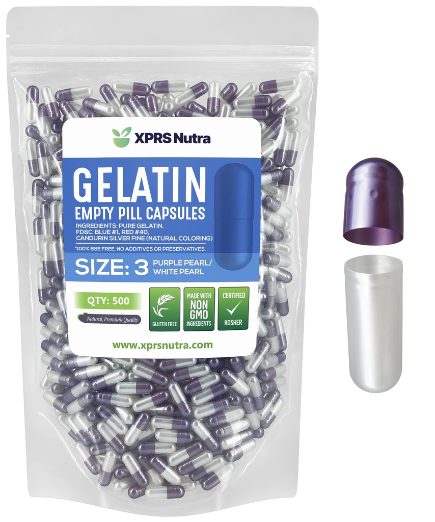 XPRS Nutra Taille 3 Capsules vides - 500 Compte Capsules de gélatine vides - Pilules Bricolage Capsule Remplissage - Gel de pilules pures Bovines Caps remplissables Do-It-Youlf Vitamines et suppléments (Pearl Purple/White)