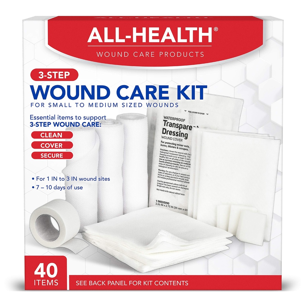 All Health Wound Care Kit & EHBO-benodigdheden, 40 stuks voor kleine tot middelgrote wonden, professioneel gebruik voor auto, thuis, kamperen, wandelen en meer