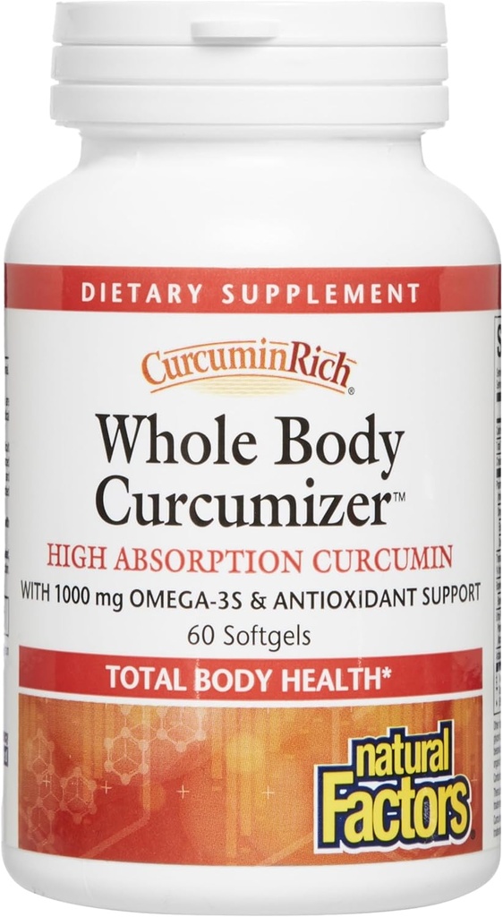 CurcuminRich Whole Body Curcumizer by Natural Factors, Ondersteunt een gezond hart, gewrichten, hersenen en ontstoken respons met Omega-3 EPA en DHA, 60 softgels (30 porties)