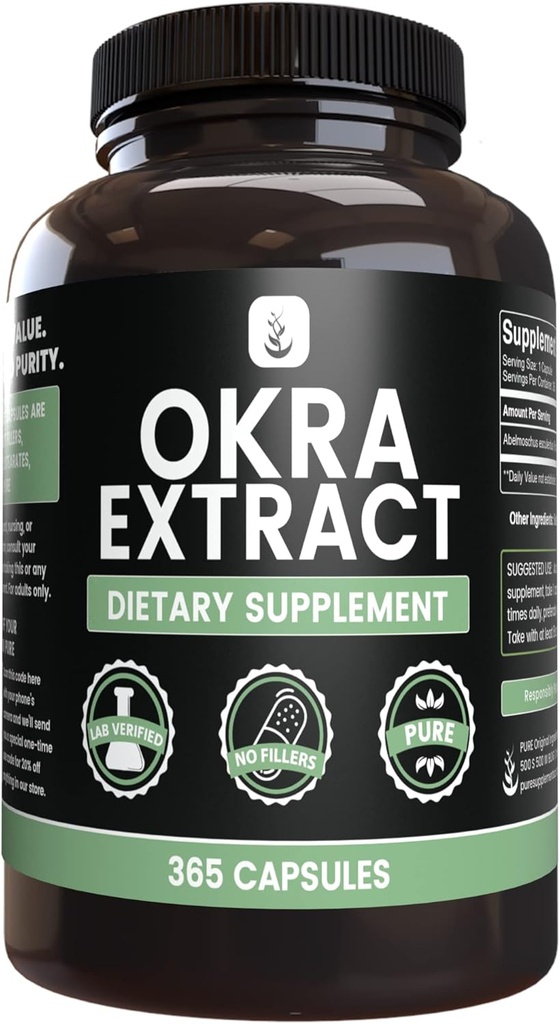 PURE ORIGINAL INGREDIENTS Okra Extract (365 Capsules) No Magnesium Or Rice Fillers, Always Pure, Lab Verified