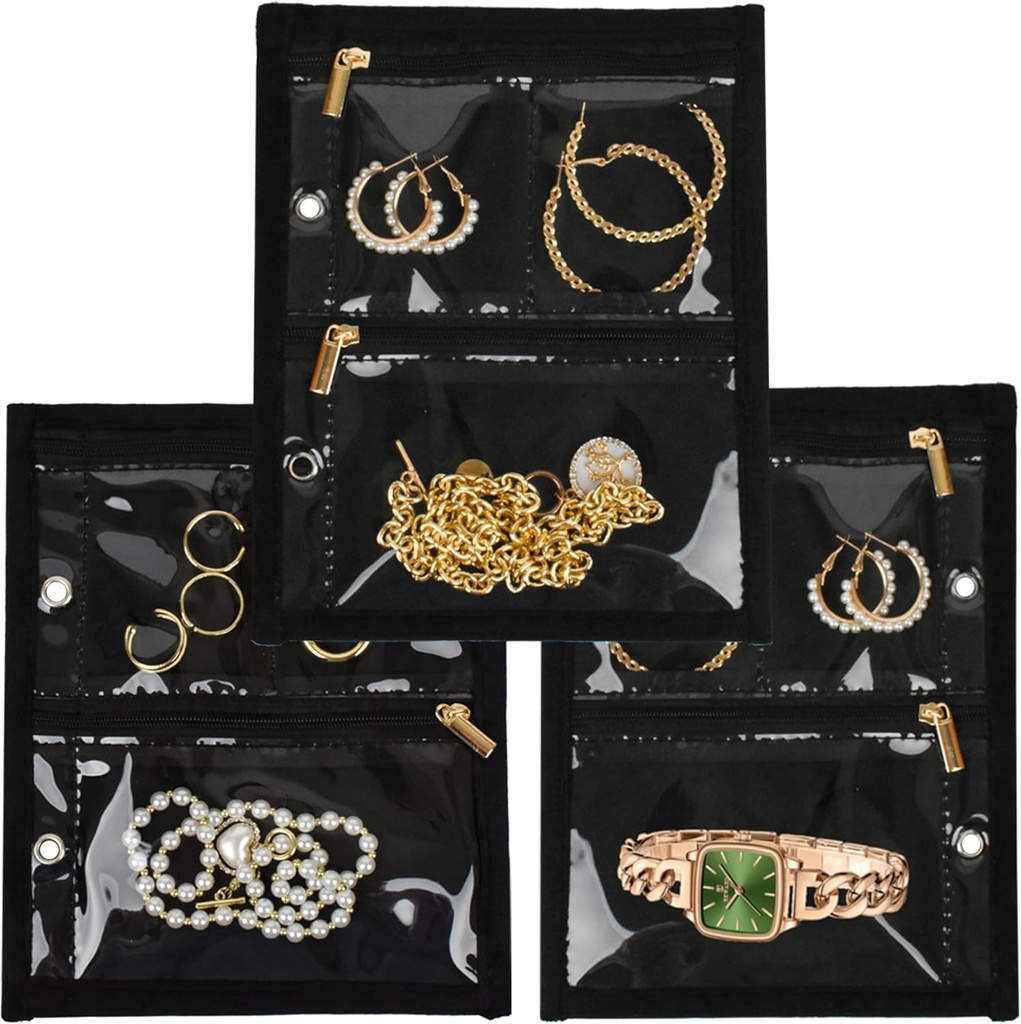 Reis Sieraden Organisator Case, Juwelen Tassen Sieraden Opslag Boek Binder met Clear Ripper Velvet Pouch voor Reizen,Oorbellen, Ringen, Ketting, Armband (Innerlijke pagina's, 3 PCS)