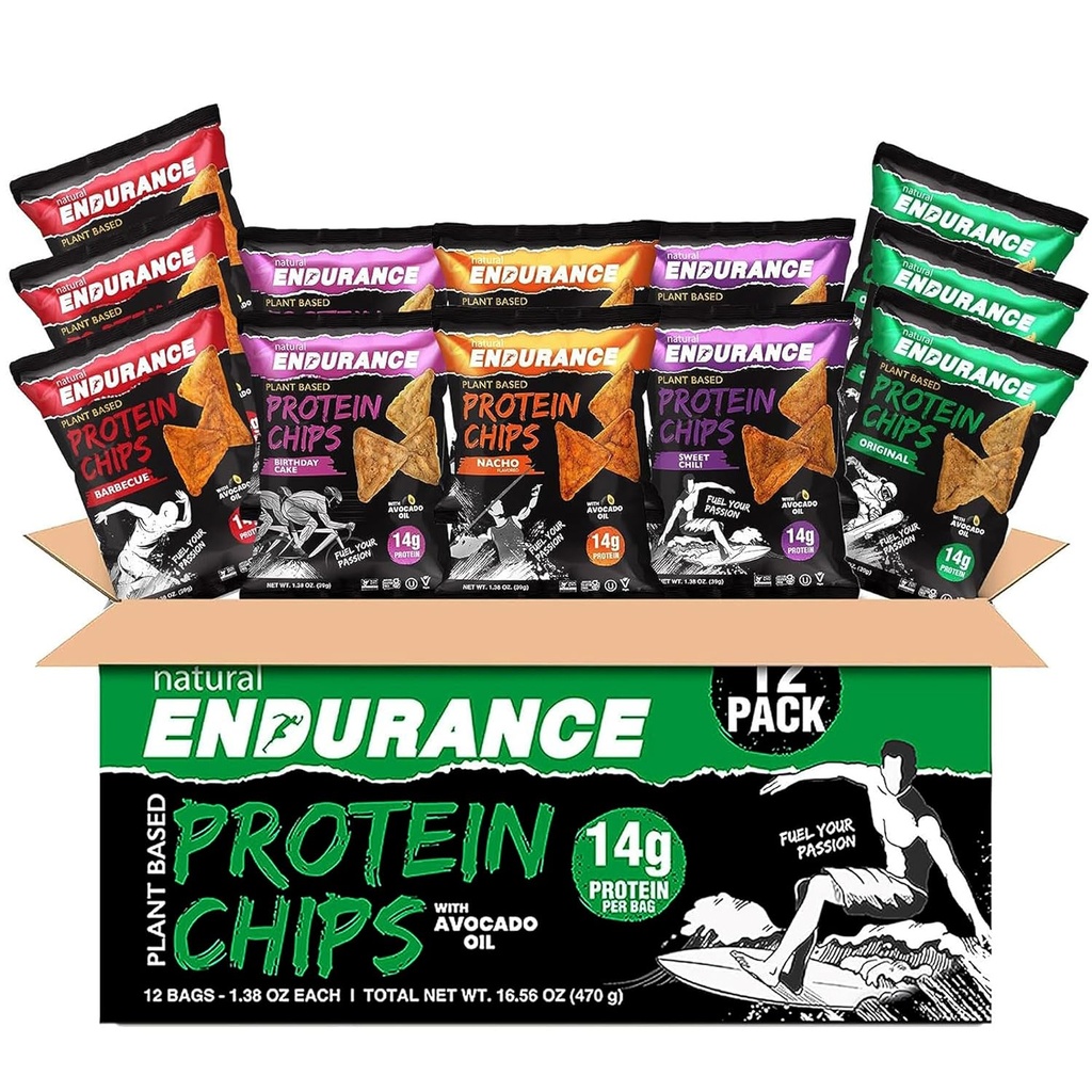 Natural Endurance Protein Chips - Low Carb Chips, High Protein Snack, Vegan Protein met Avocado Oil, 14g Proteïne per zak, Glutenvrij, Nacho, BBQ, Chili, Verjaardagstaart, Origineel - Variety Pack, 1,38 oz Bags (Pack van 12)