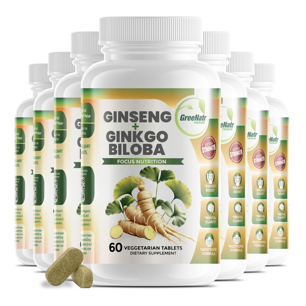 GreeNatr Ginko Biloba & Panax Ginseng Supplement - Red Ginseng Brain Supplement for Memory and Focus - Ginkgo Biloba Supplements for Good Vision, Immune System and Improved Blood Flow - 12 Flessen