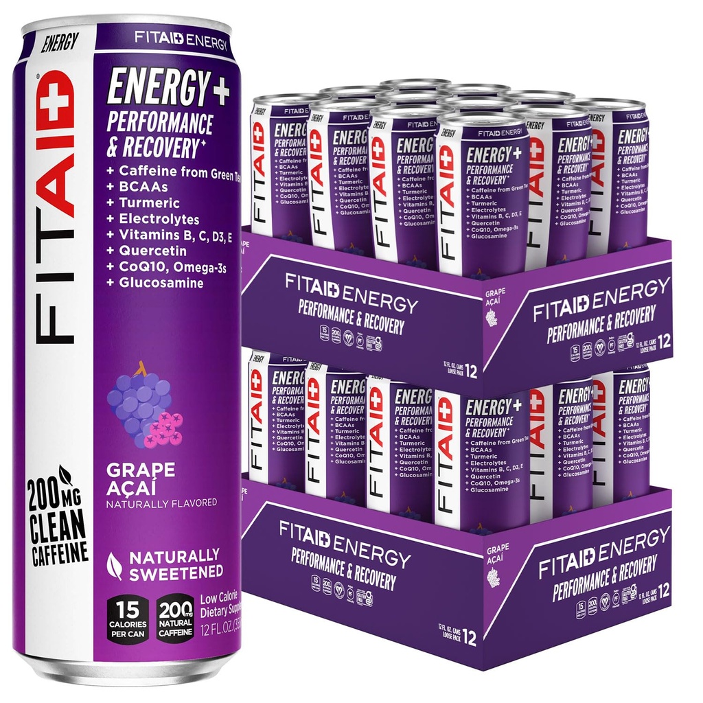 LIFEAID FITAID Energy Grape AÇAI, 200mg Natural Cafeine, Keto, Pre-Workout Performance: BCAA's, quercetin, Electrolytes, Omega-3s, 15 Calorieën, Paleo, Vegan & Glutenvrije,12-oz (pakket van 24)