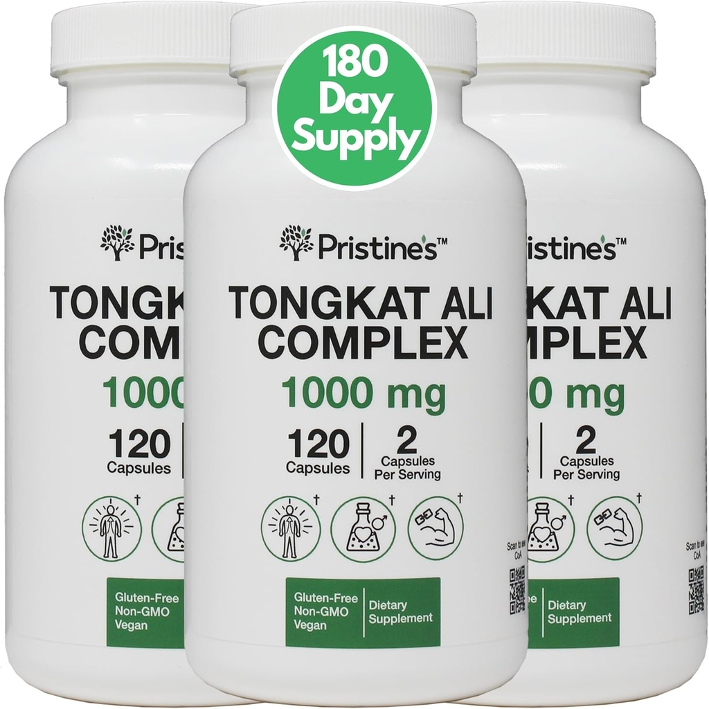 PRISTINE'S Tongkat Ali 1000mg 180 Day Supply (3 Pack) - Athletic Performance Support - Lean Mass Muscle Building Kruidensupplement voor mannen en vrouwen - Veganistisch, Glutenvrij, Niet GGO