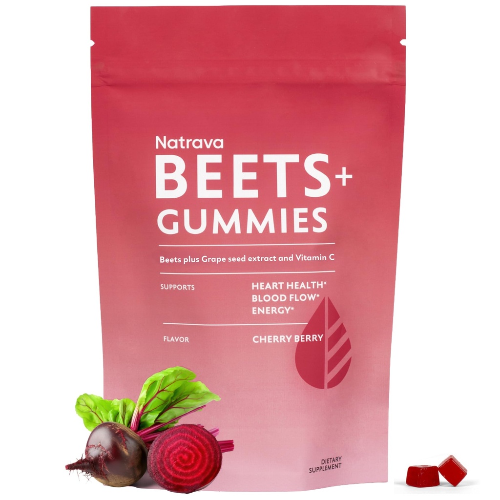 betteraves+ Gommies - Poudre de racine de betterave, extrait de graines de raisin et vitamine C - Soutient la santé de la pression artérielle et de la santé cardiaque - Oxyde nitrique à faible teneur en sucre et supplément de circulation - 50 Gommies