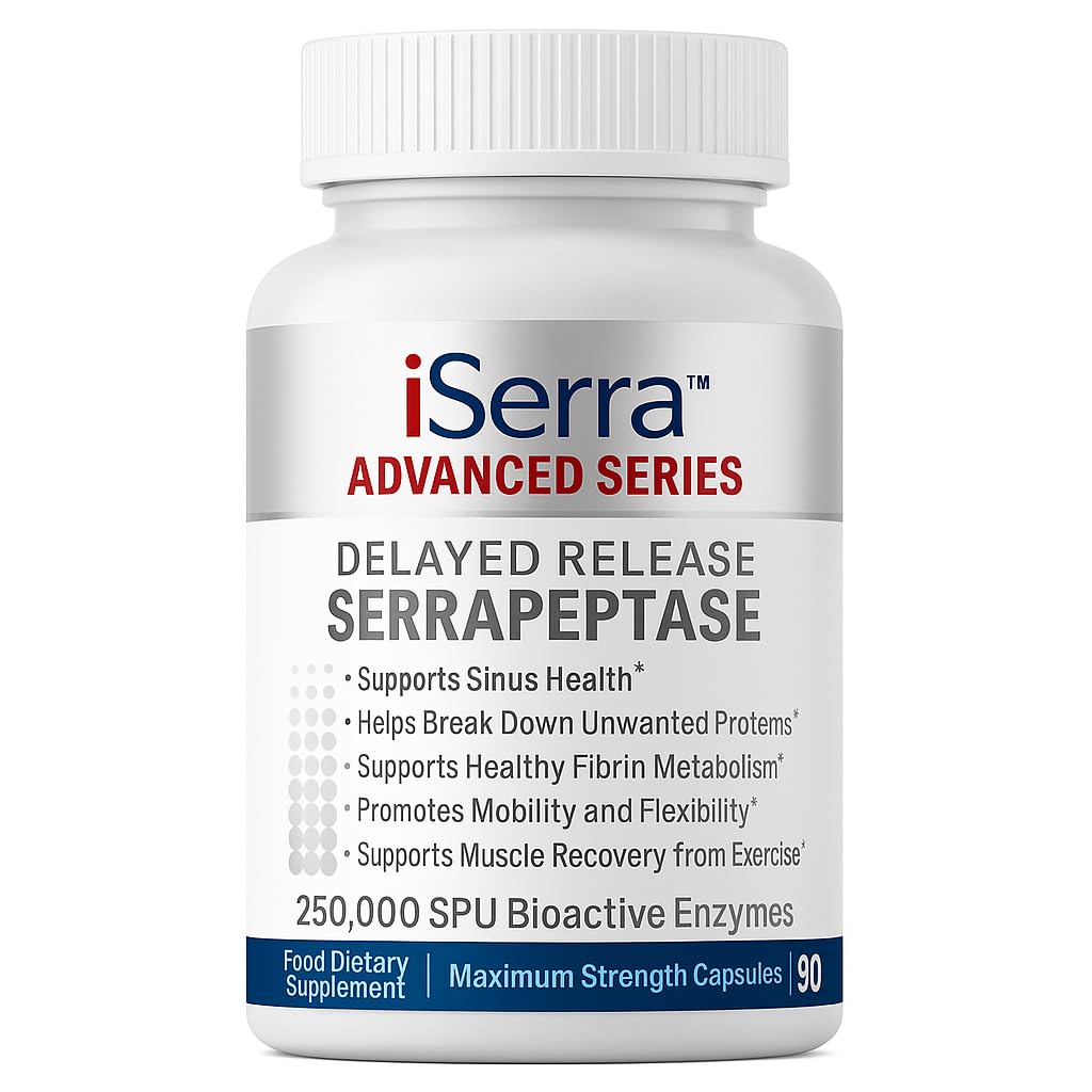 iSerra 250 000 SPU Serrapeptase Enzyme - 90 Capsules de concentration maximale - Jusqu'à 12x Plus de potentiel que les autres Serrapaptase - Technologie de libération retardée-High Potency Non-OGM, sans gluten, végétalien (paquet de 1)