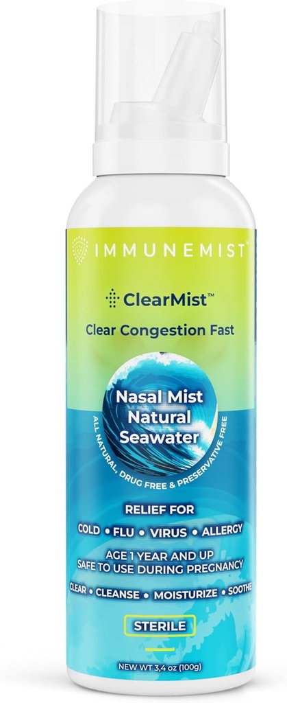 ClearMist Natural Seawater Neusspray voor Congestie Relief, Hypertonic Saline Neusspray voor Droge Neus, Moisturizing Sinus Decongestant Relief voor volwassenen en kinderen Made in Sweden, Veilig voor Leeftijden 1+