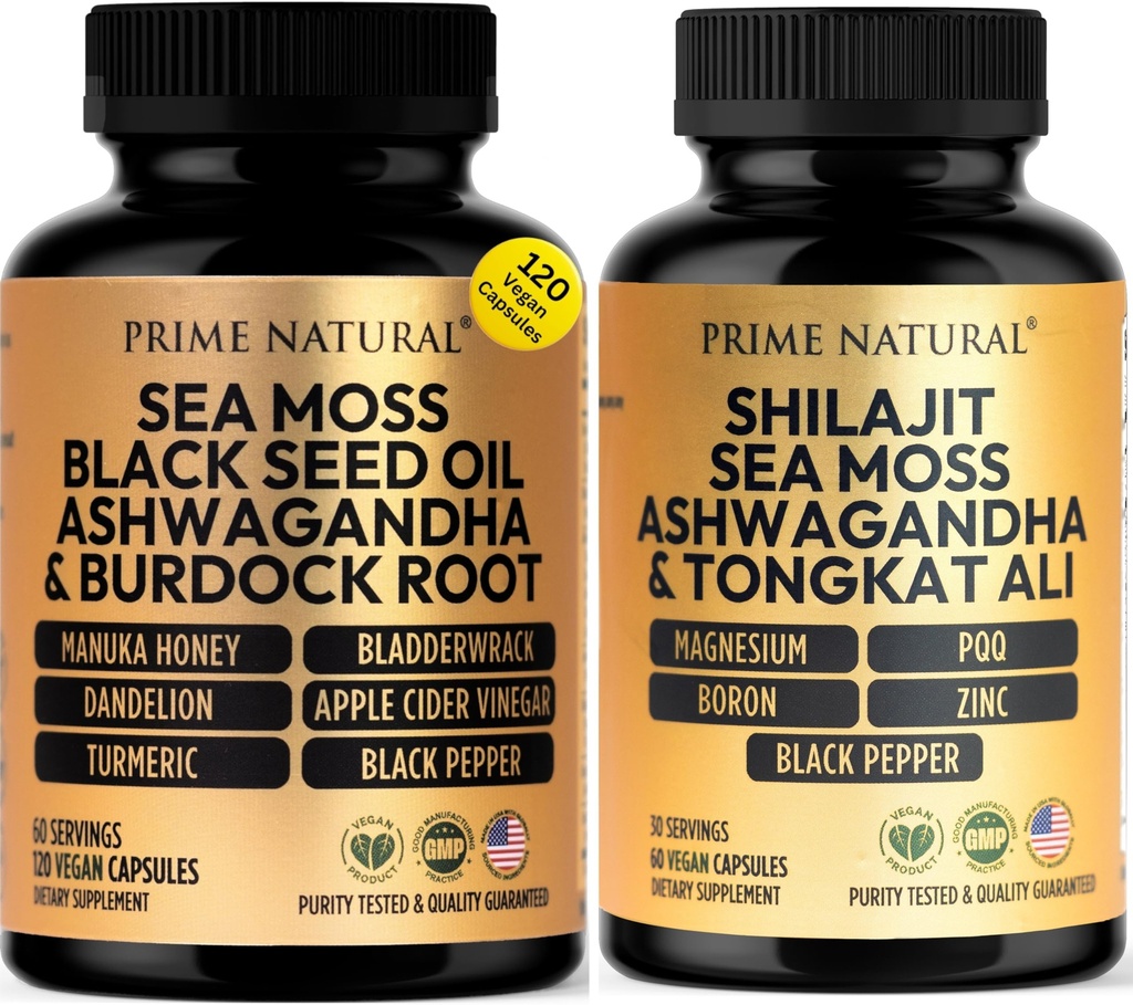 PRIME NATUURLIJKE Iris Sea Moss Black Seed Oil Shilajit Ashwagandha - 2 flessen - Vegan Capsules