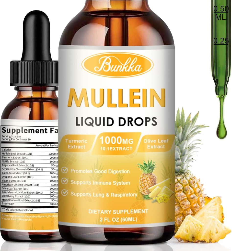 Mullein druppels voor de longen - 13 in 1 Vegan Mullein blad extract tinctuur met Calendula, Vlierbes, etc, kruidensupplement, Ondersteuning voor de ademhaling, Immuun, spijsverteringssysteem, 2 FL OZ (Pineapple Flavor)