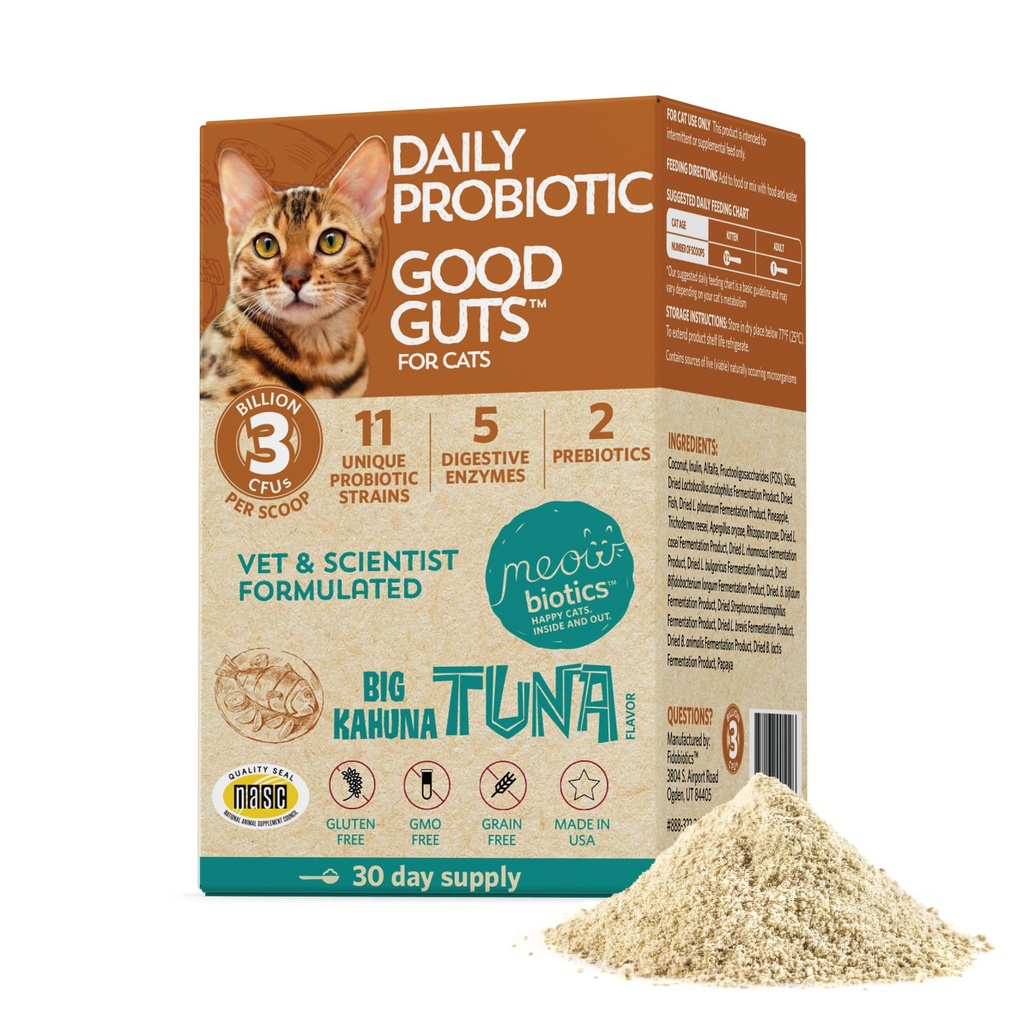 Meowbiotics Good Guts for Cats Probiotic Powder, 11 Probiotic Strains, 2 Prebiotics, 5 Digestive Enzymes for Discompatitive Support, Tuna Flavor, Probiotics for Cats, Indoor & Outdoor (30 Days)