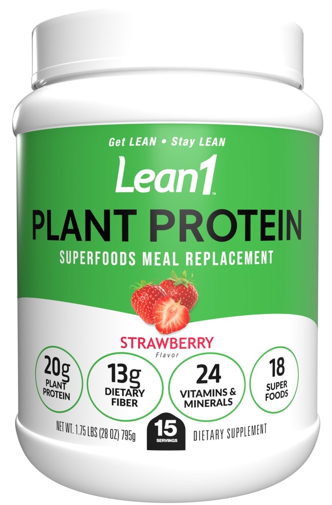 Lean1 Plant Based Protein Poeder, Maaltijd Vervanging, aardbeien smaak, 15 porties