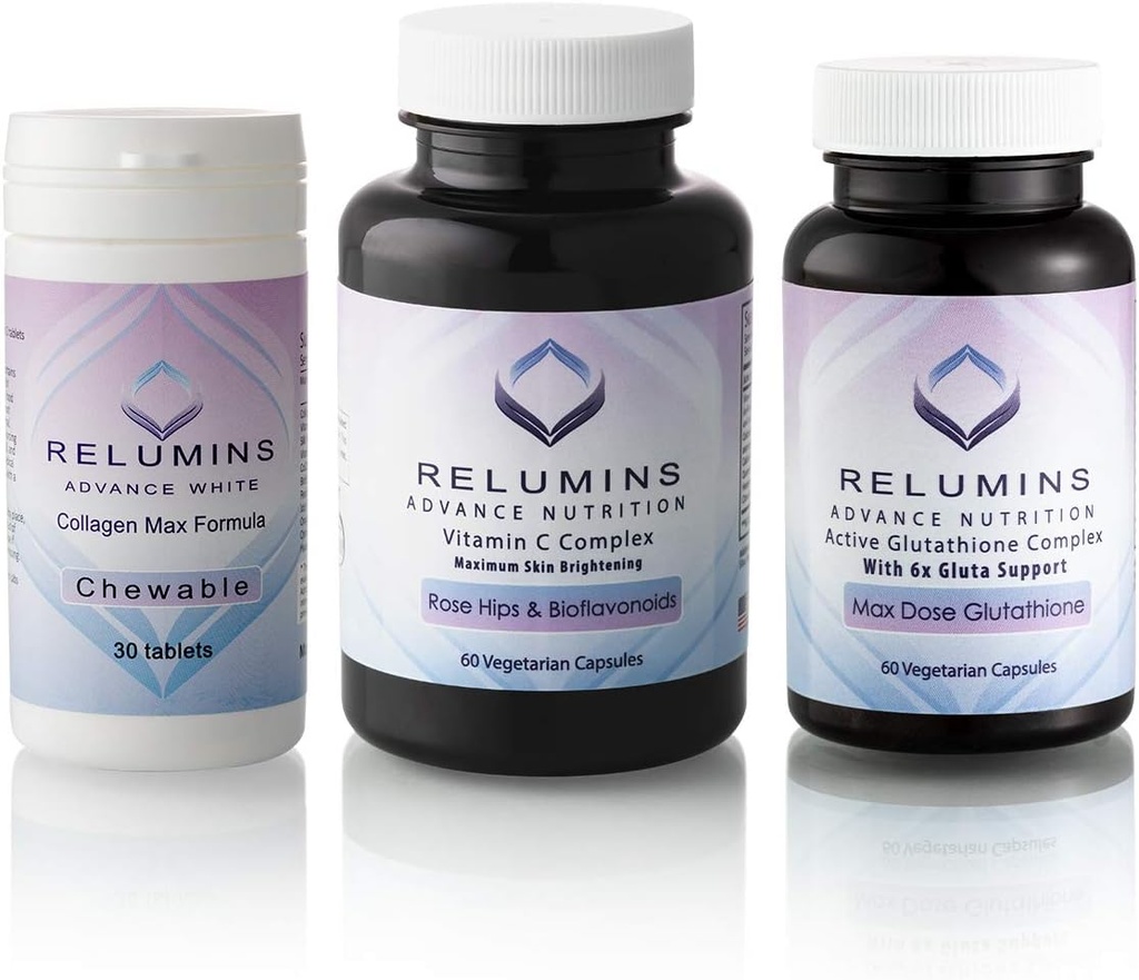 Relumins Advance White Triple Capsule MAX Set - MAX dosis Glutathion met 6X Boosters, Collageen MAX Kauwtabletten en vitamine C MAX - Maximale huidverlichting en verjonging (één maand levering)