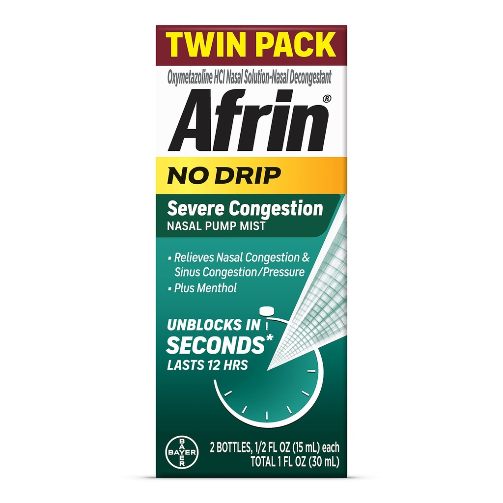 Afrin Geen Drip Ernstige Congestie Neus mist Twin Pack, Niet-Drowsy, Snelwerkende Decongestant voor neuscongestie en Sinus druk relief, volwassenen en kinderen 6 en ouder, .5 fl oz (pakket van 2)