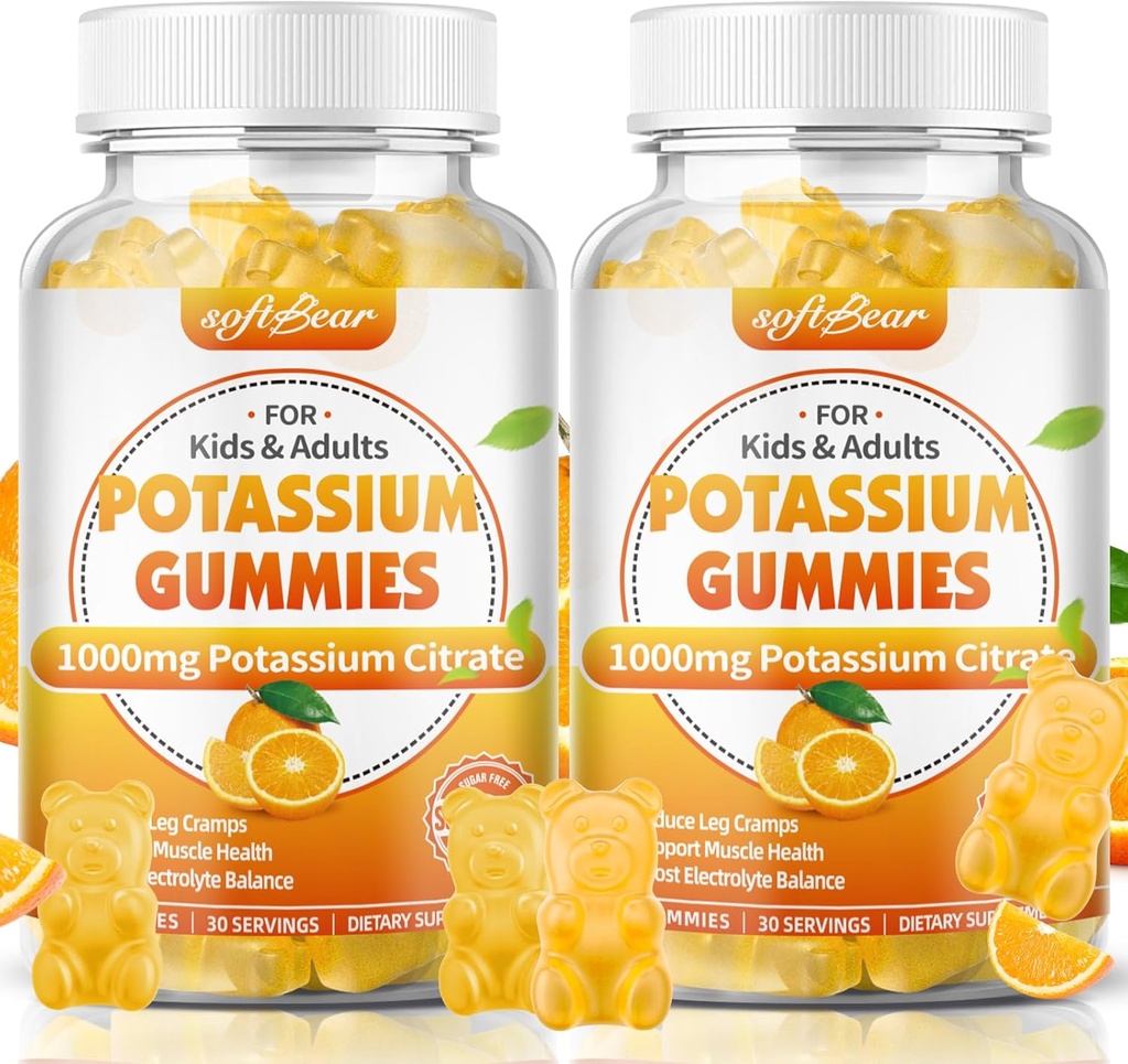 softbear Kalium citraat 1000mg, Suikervrije Kalium Gummies voor Volwassenen Ondersteuning Been Krampen & Muscle Health Hoge Potency Kalium Supplement Gummies Orange Flavor 120 Tellen