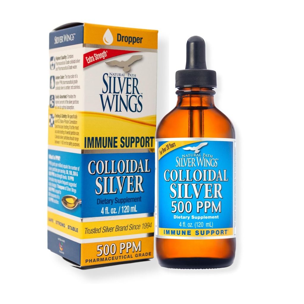 Ailes d'Argent de Chemin Naturel - Argent Colloïdal 500 ppm - Supplément Minéral Pure - Immune Support pour votre famille - Guérison puissante sans mauvais goût (4fl oz/120ml)