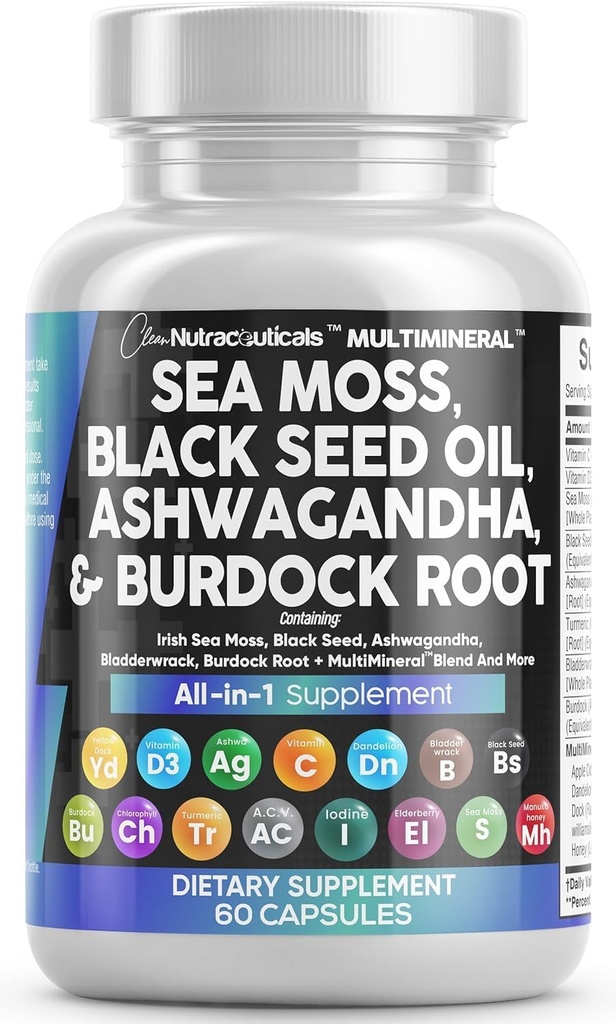 Nutraceutiques propres Moss de mer Huile de graines noires Ashwagandha Turmeric Bladderwrack Burdock & Vitamine C Vitamine D3 avec Elderberry Manuka Dandelion Darge Jaune Iodine Chlorophylle CVA