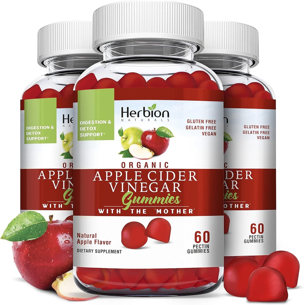 HERBION Naturals Gommies de vinaigre de cidre de pomme biologique avec le support de la mère, de la digestion et de la détox, à base de pectine, végétalien, fabriqué aux États-Unis - (paquet de 3, 180 Gommies)