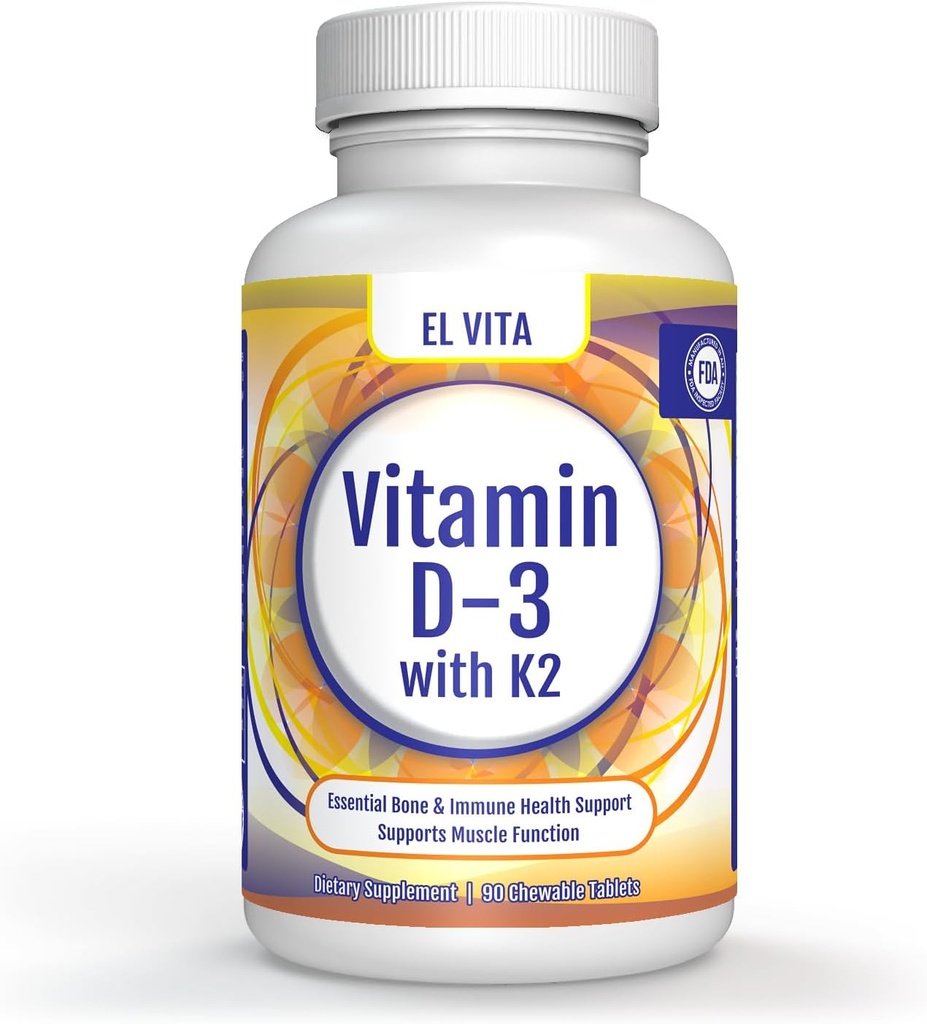 Vitamine D3 & K2. 90 Natuurlijke Cherry Kauwbare plantaardige tabletten. 2-in-1 Ondersteuning Vitamine Dieetsupplement. Bevordert essentiële bot- en immuungezondheid. Geen suiker toegevoegd.