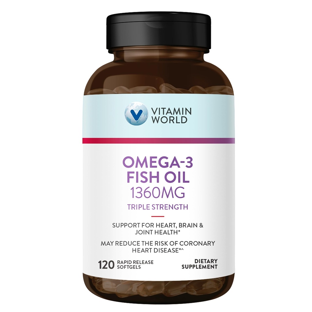 Vitamine World Triple Strength Omega 3 Visolie 1360 mg Supplement, 950 mg Actieve Omega-3 Vetzuren met EPA & DHA, Ondersteunt Hart, Hersenen & Joint Health, Glutenvrij, 120 Softgels, 4 maanden Levering