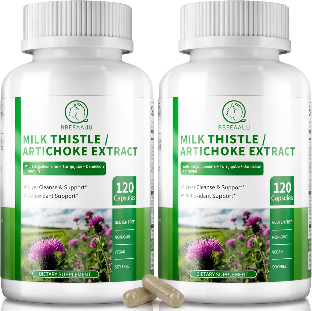 Lever Reiniging Detox & Reparatie 120 Capsules, 16-in-1 Herbal Lever Ondersteuning Supplement met melk distel, Artichoke, L-Ergothioneine, Turnjube Dandelion Extract voor lever renew & Antioxidant (2 Pack)