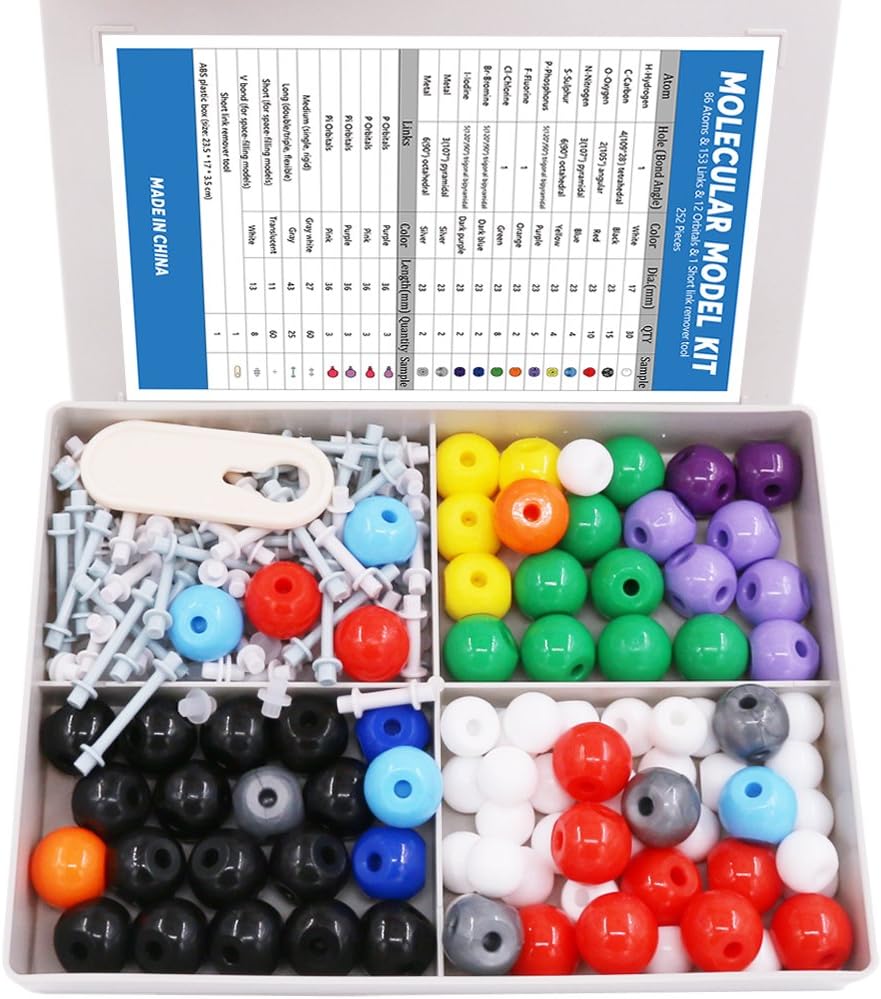 Swpeet 240 Stuks Biologische Chemie Molecular Model Student en Teacher Kit, Chemie Molecular Model Student en Teacher Set - 86 Atoms & 153 Bonds & 1 Short Link Remover Tool