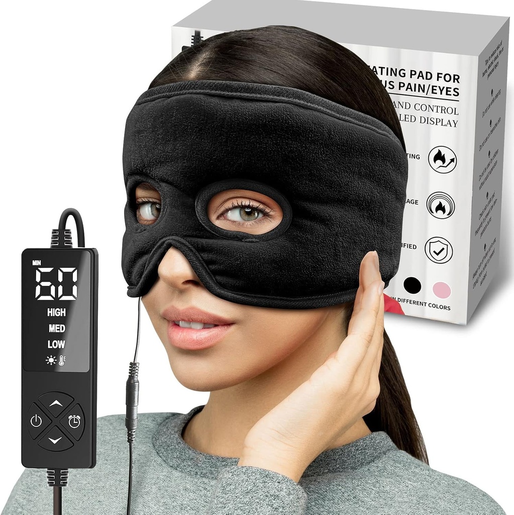 Moist Heat Sinus Pressure Relief Mask met 3 warmteinstellingen, Extra Large Face Heating Pad voor Ogen, Sinusitis, Hormone Migraine, Spanning Hoofdpijn Relief Black