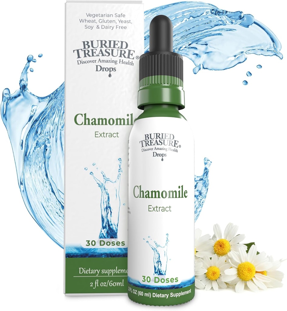 Treasure enterré Camomile gouttes – 30 portions, 2oz, supplément calmant à base de plantes liquides pour le soutien de la relaxation, Pas de sucre ajouté