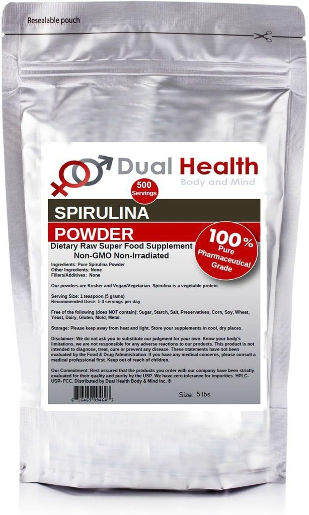 Dual Health Body & Mind Pure Spirulina Powder (5 lbs) Non Ir uitgestraald Protein Superfood Bulk Supplementen