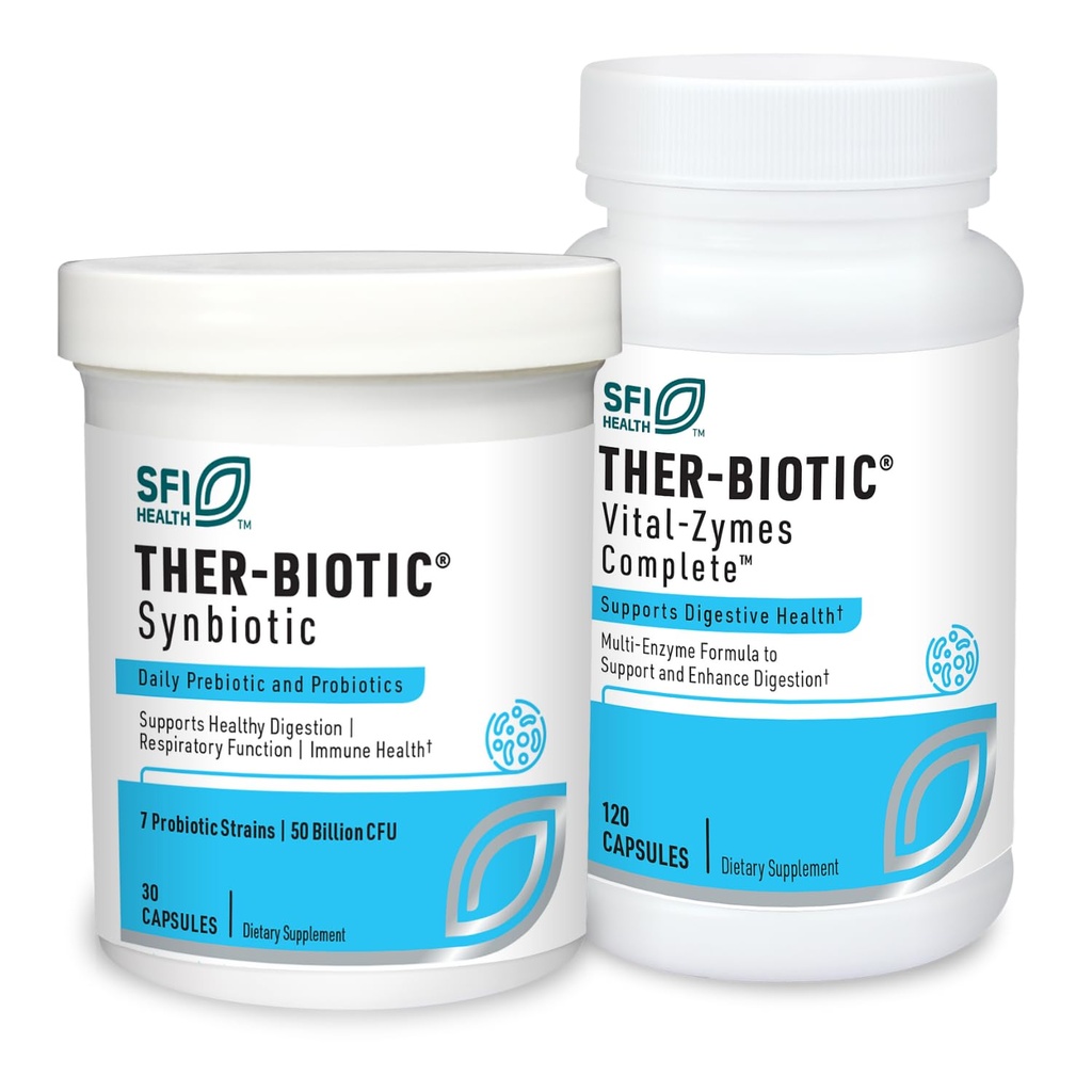 Klaire Labs Ther-Biotic Synbiotic Probiotic (30 Capsules) + Vital-Zymes Digestieve Enzymen Bundle (120 Telling) - Low-FODMAP Probiotic Supplement + Digestie Ondersteuning Enzymen - 2 Product Set