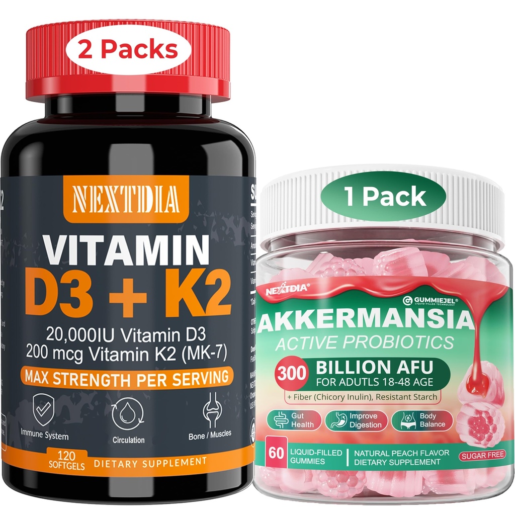 Vitamine D3 20.000 IE + K2(MK7) 200 mcg Softgels + Akkermansia Probiotica Gummies with Prebiotics Fiber