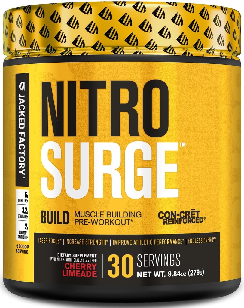 L'usine Jacked Nitrosurge construit pré-entraînement avec la créatine pour le bâtiment musculaire - Con Cret Powder & elevATP Énergie intense, Pompes puissantes, Endurance sans fin 30 services, Cherry Limeade
