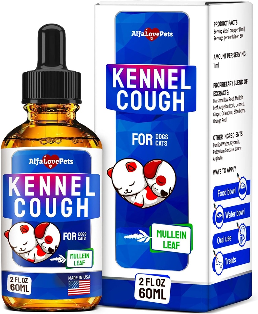 Traitement de la toux de Kennel pour les chiens et les chats – Chien Cough Suppressant aide avec les allergies, le nez runny, éternuer – pour toutes les races et tailles – Mullein Leaf et Calendula – 2 Oz