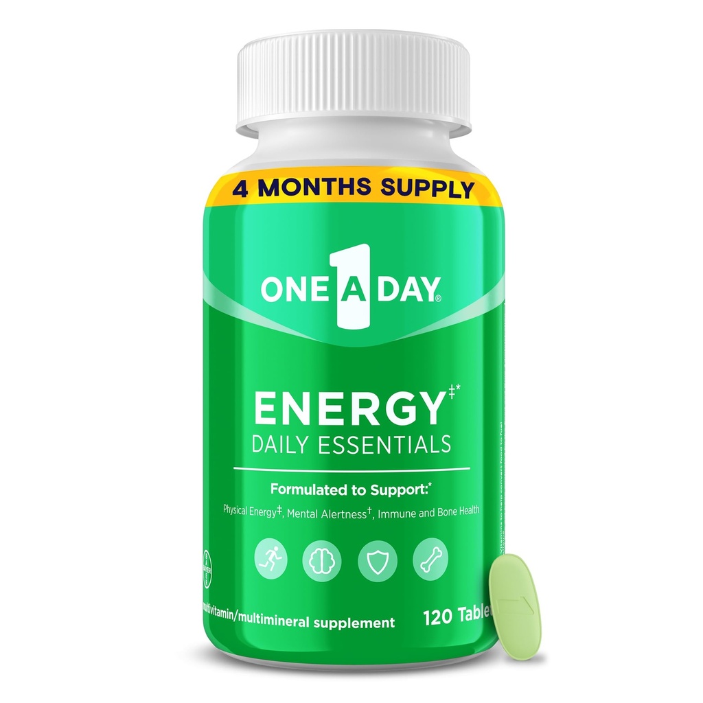 One A Day Energy Daily Essentials Multivitamine, Energy Supplement to Support Mental Alertness and Immune Health with Vitamins A C, D, E, Zink en Cafeïne, 120 Tellen