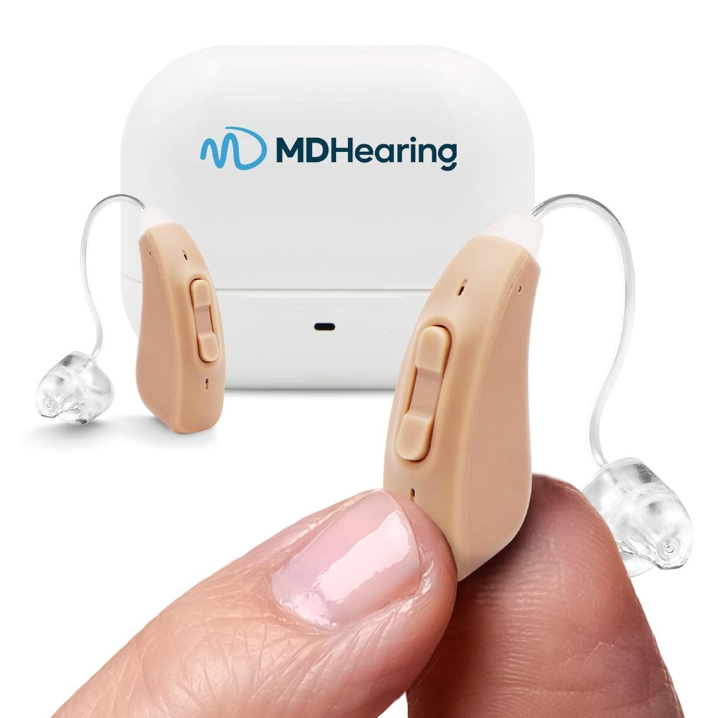 MDHearingAid AIR Hearing Aid (Pair), OTC Rechargeable, Crystal-clear Digital Sound by MDHearing, Perfect voor glazen, bijna onzichtbaar