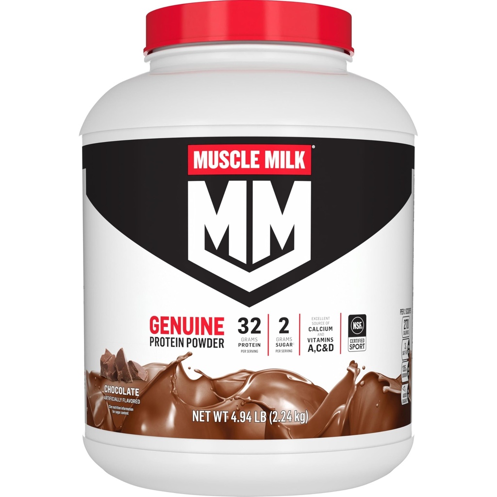 Muscle Milk Originele Proteïne Poeder, Chocolade, 4.94 Pond, 32 Servers, 32g Proteïne, 2g Suiker, Calcium, Vitaminen A, C & D, NSF Gecertificeerd voor Sport, Energizing Snack, Verpakking mei Vary