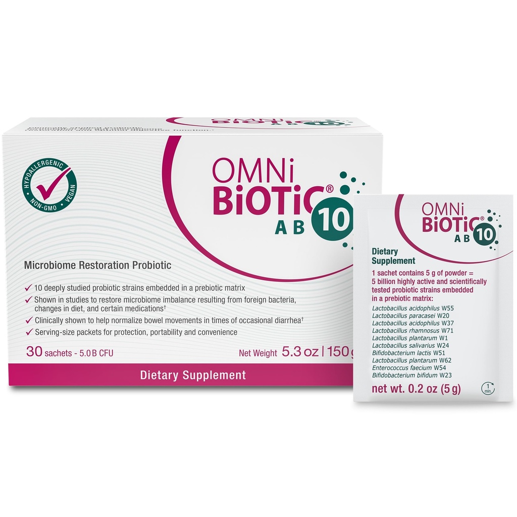 OMNi BiOTiC AB 10 - Probiotique restaurateur testé cliniquement - Supports et restaure Gut Flora & Digestion - Probiotique digestif pour la diarrhée - Vegan, hypoallergénique, non-OGM (30 paquets quotidiens)