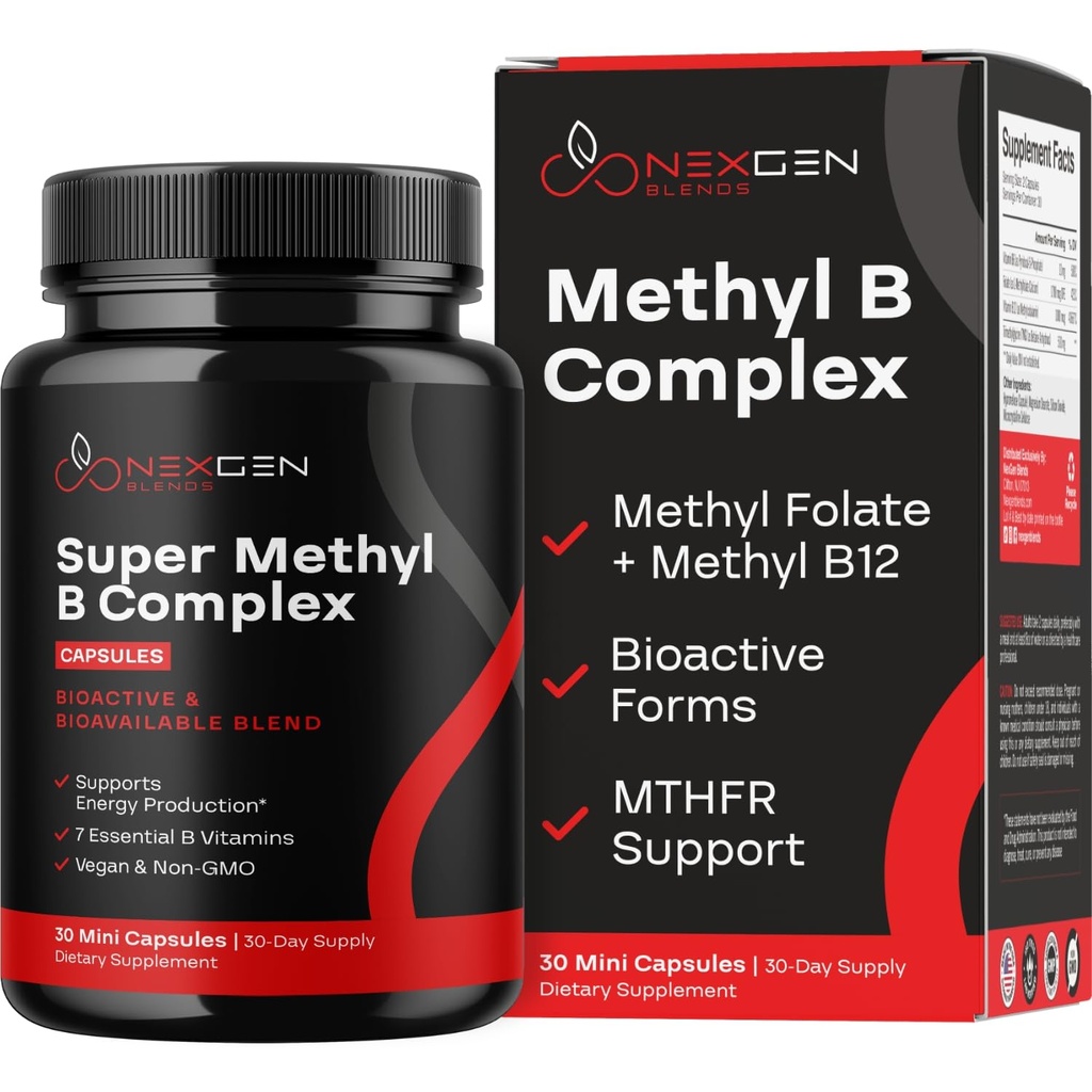 Gemethyleerd B Complex Vitamin Supplement - Bioactive Methyl B Complex with 5-MTHF Methyl Folate & B12 Methylcobalamine for Brain Heart Energy & Homocysteïne Support - Super Vitamin B Complex (30 tellingen)