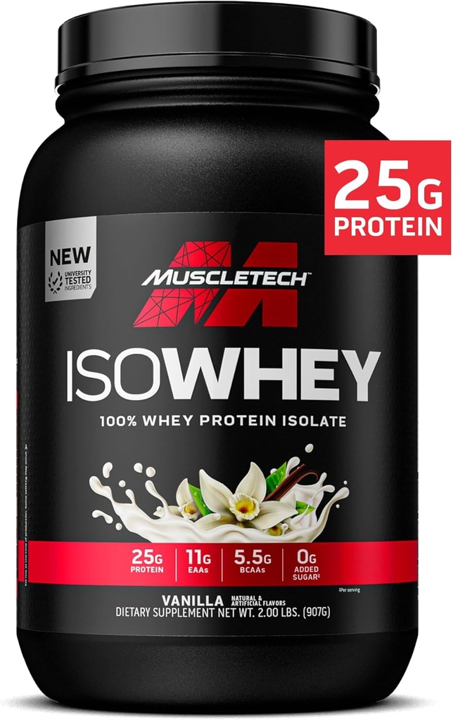 MuscleTech ISO Wei Isolaat Proteïnepoeder, Vanille - Post Workout Gym Supplement voor Lean Muscle Gain, Body Building Weight Gainer & Recovery - 25g Proteïne, BCAA, EAA & 0 Toegevoegd Suiker - 2lbs