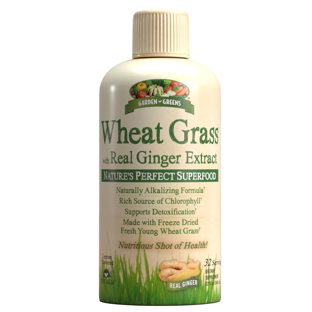 Garden Greens Blé Herbe liquide avec un véritable extrait de gingembre, Superfood parfait de la nature, 32 portions
