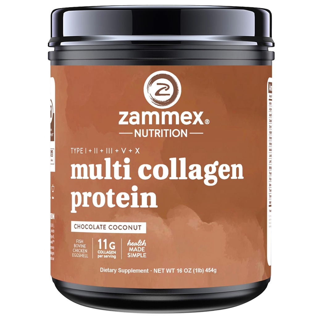 Zammex Multi Collagen Protéine Poudre, Type I & III & V & X, Peptides de collagène hydrolysés pour les femmes et les hommes, Supporte les cheveux et la peau, Santé Gut, 41 portions, Chocolat