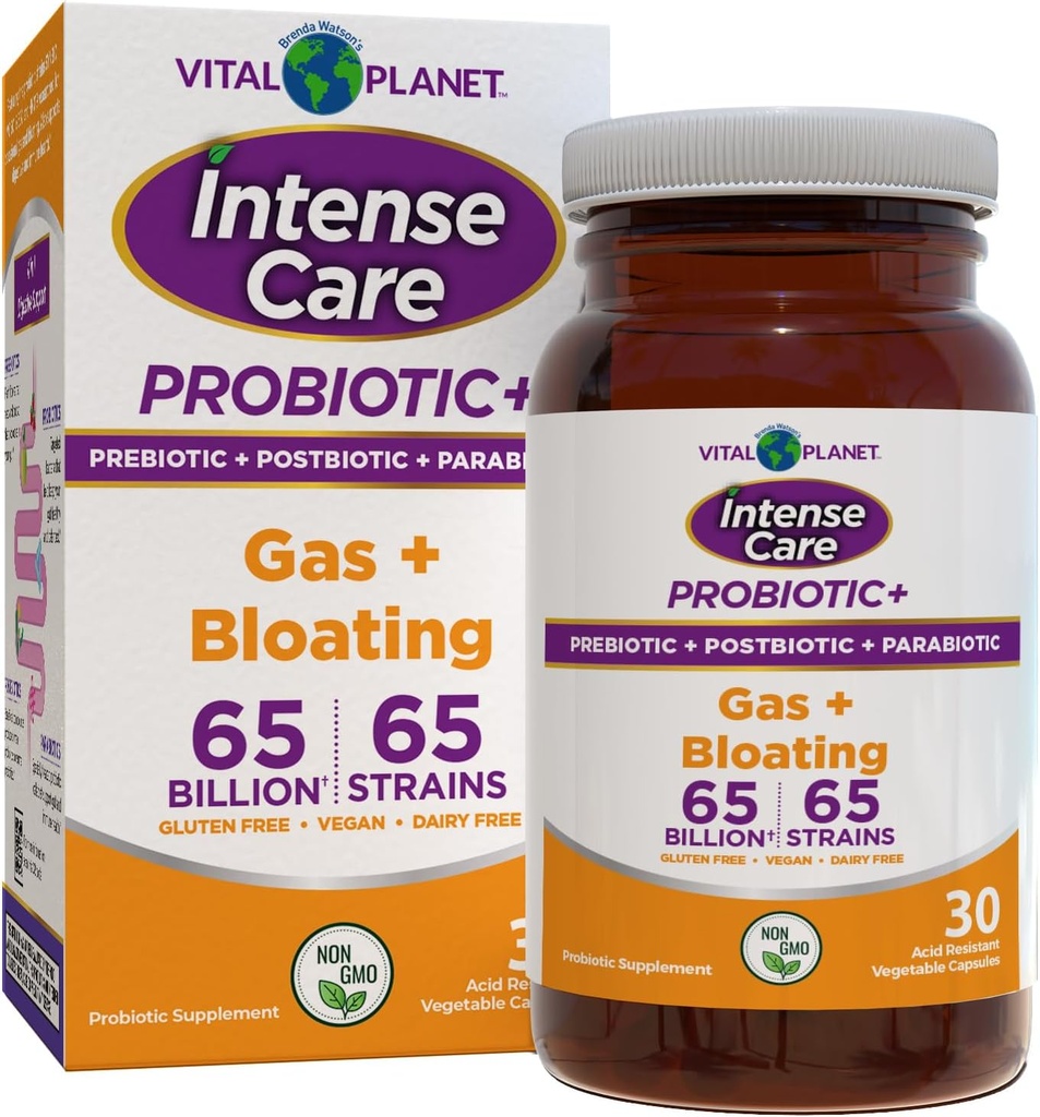 Vital Planet - Intense Care Gas & Bloating Probiotica, Prebiotica, Postbiotica, Parabiotica, 4-in-1 Gekoeld supplement voor volwassenen, 65 miljard CFU, 65 strains, Digestief en Immuun, 30 ct